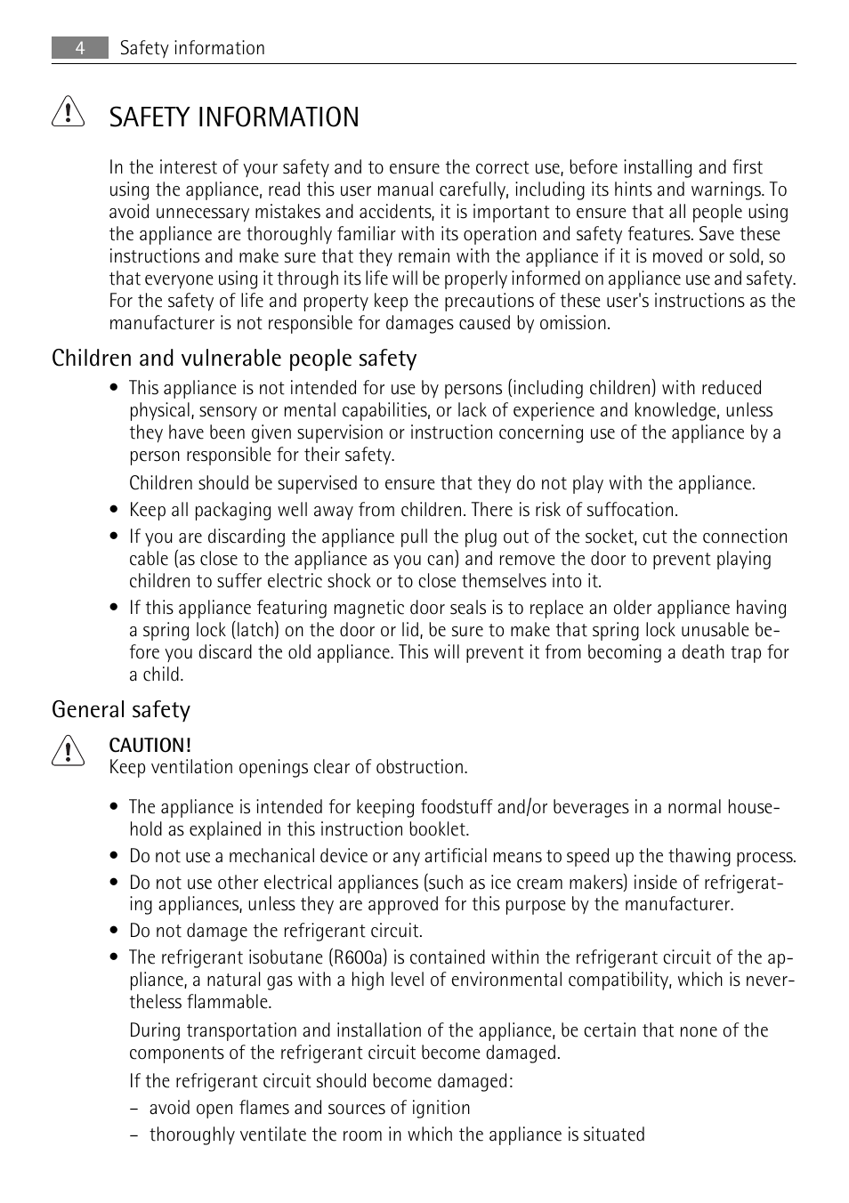 Safety information, Children and vulnerable people safety, General safety | AEG SCS51400S0 User Manual | Page 4 / 24