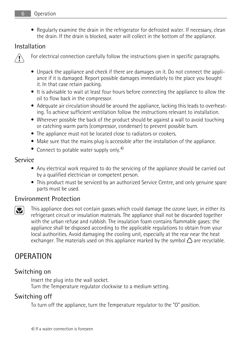 Operation, Installation, Service | Environment protection, Switching on, Switching off | AEG SCS51400S0 User Manual | Page 6 / 24
