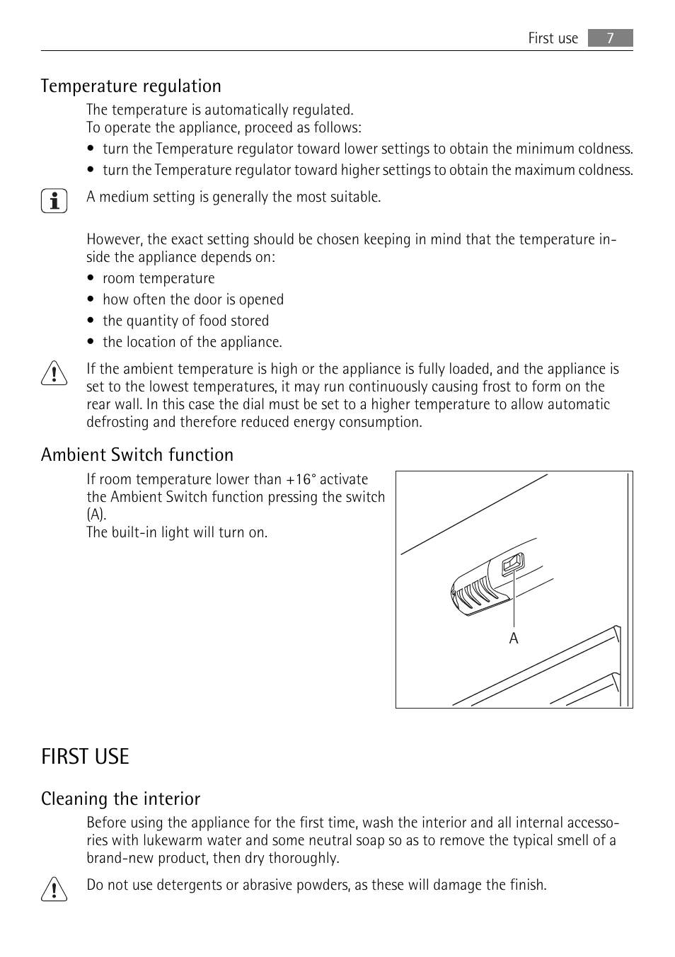 First use, Temperature regulation, Ambient switch function | Cleaning the interior | AEG SCS51400S0 User Manual | Page 7 / 24
