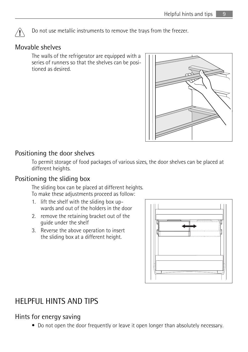 Helpful hints and tips, Movable shelves, Positioning the door shelves | Positioning the sliding box, Hints for energy saving | AEG SCS51400S0 User Manual | Page 9 / 24