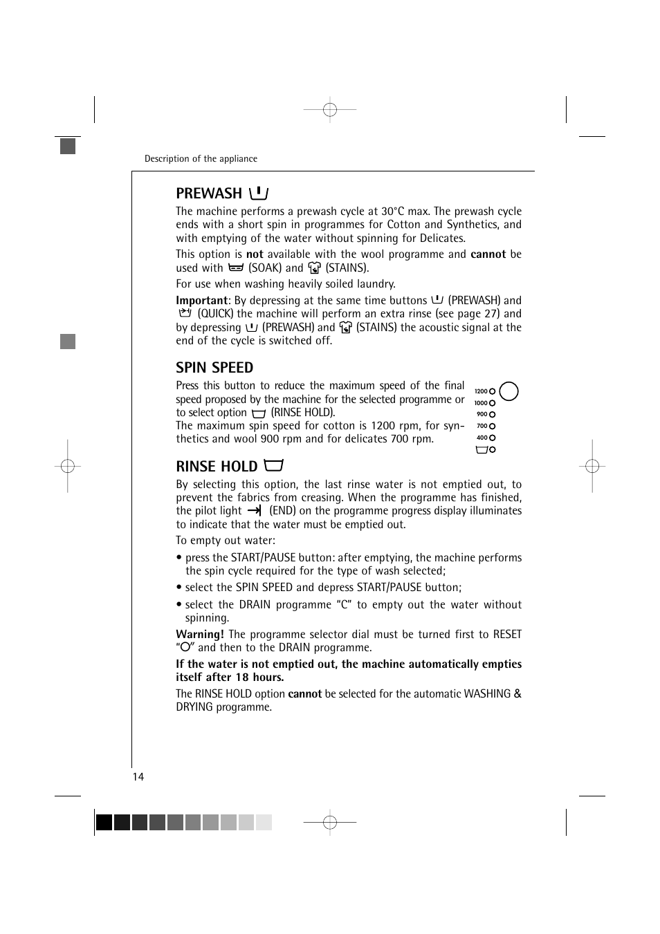 Prewash, Spin speed, Rinse hold | AEG LAVAMAT 12710 User Manual | Page 14 / 49
