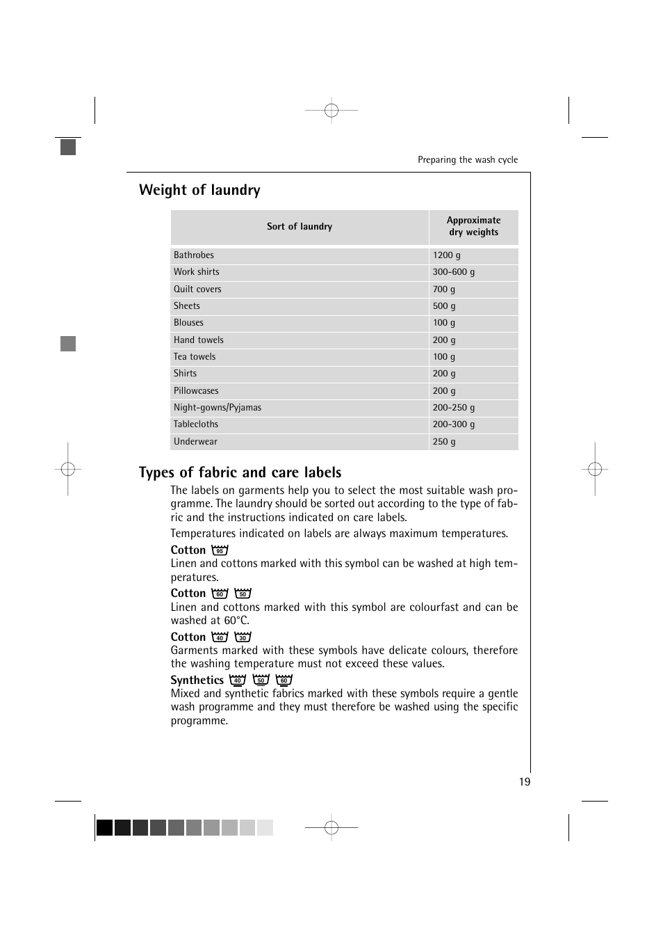 Weight of laundry types of fabric and care labels | AEG LAVAMAT 12710 User Manual | Page 19 / 49