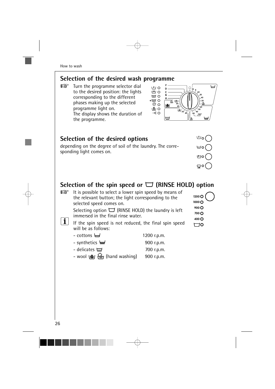 Selection of the desired wash programme, Selection of the desired options, Selection of the spin speed or (rinse hold) option | AEG LAVAMAT 12710 User Manual | Page 26 / 49