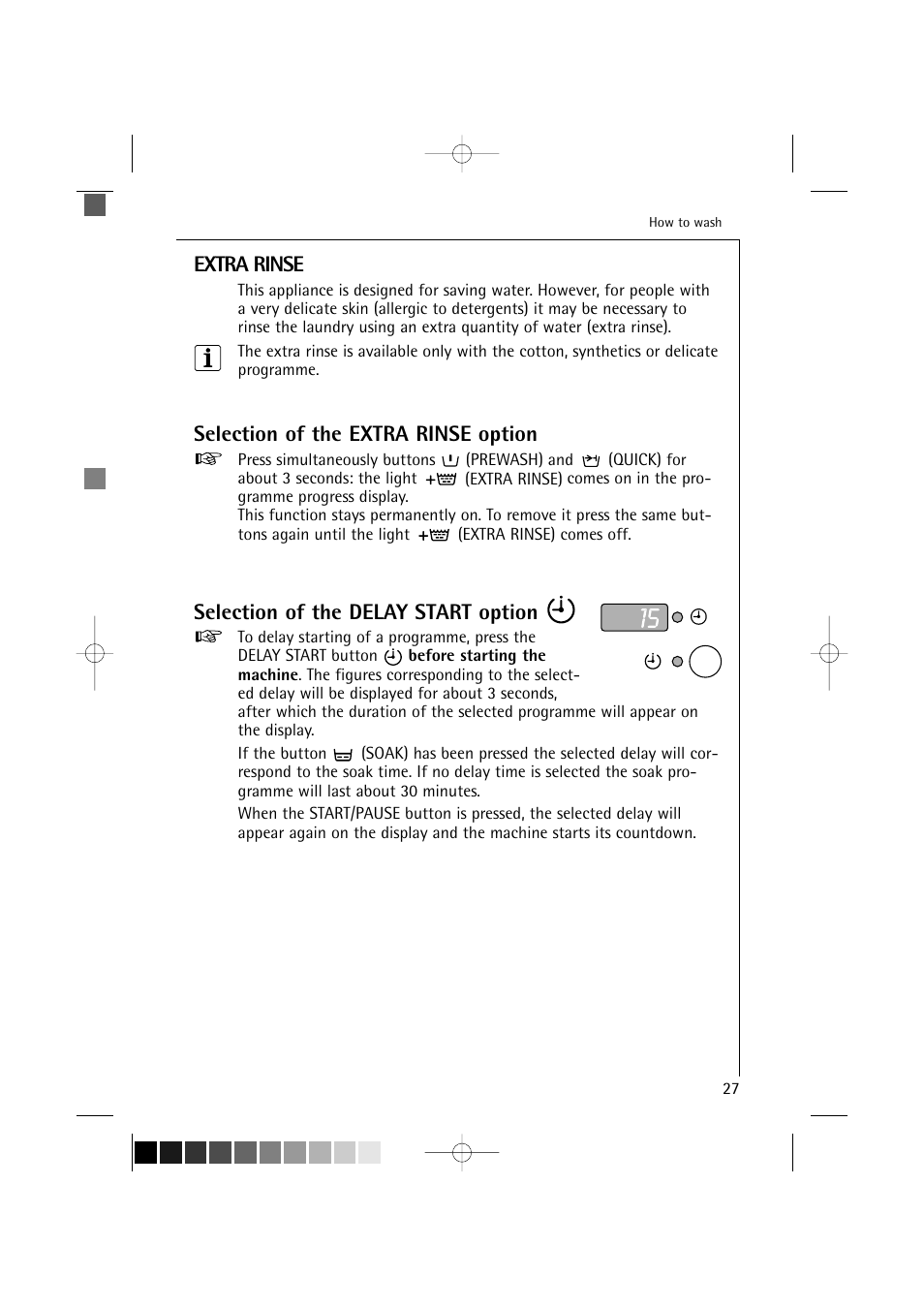 Extra rinse, Selection of the extra rinse option, Selection of the delay start option | AEG LAVAMAT 12710 User Manual | Page 27 / 49