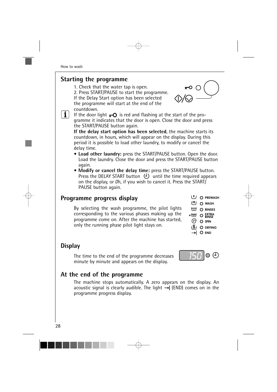 Starting the programme, Programme progress display, Display | At the end of the programme | AEG LAVAMAT 12710 User Manual | Page 28 / 49
