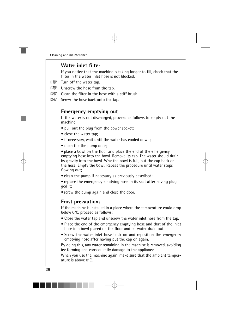 Water inlet filter, Emergency emptying out, Frost precautions | AEG LAVAMAT 12710 User Manual | Page 36 / 49