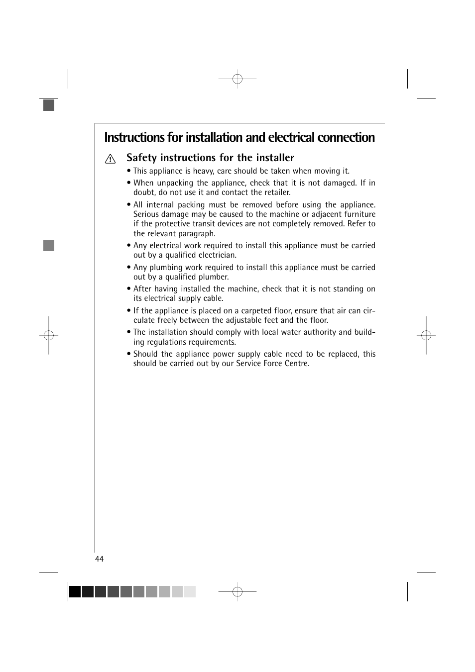 Safety instructions for the installer | AEG LAVAMAT 12710 User Manual | Page 44 / 49