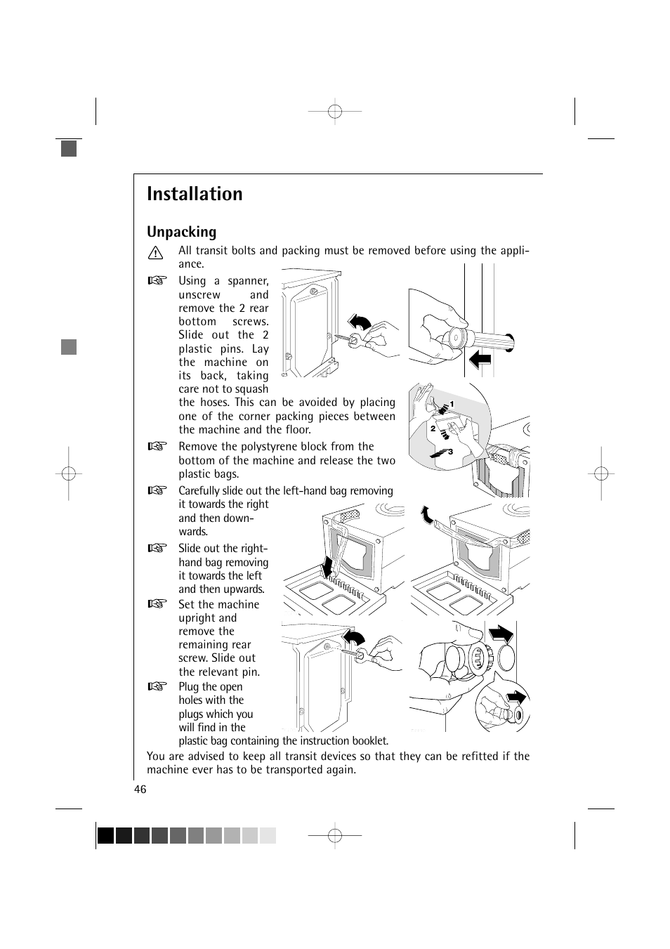 Installation, Unpacking | AEG LAVAMAT 12710 User Manual | Page 46 / 49