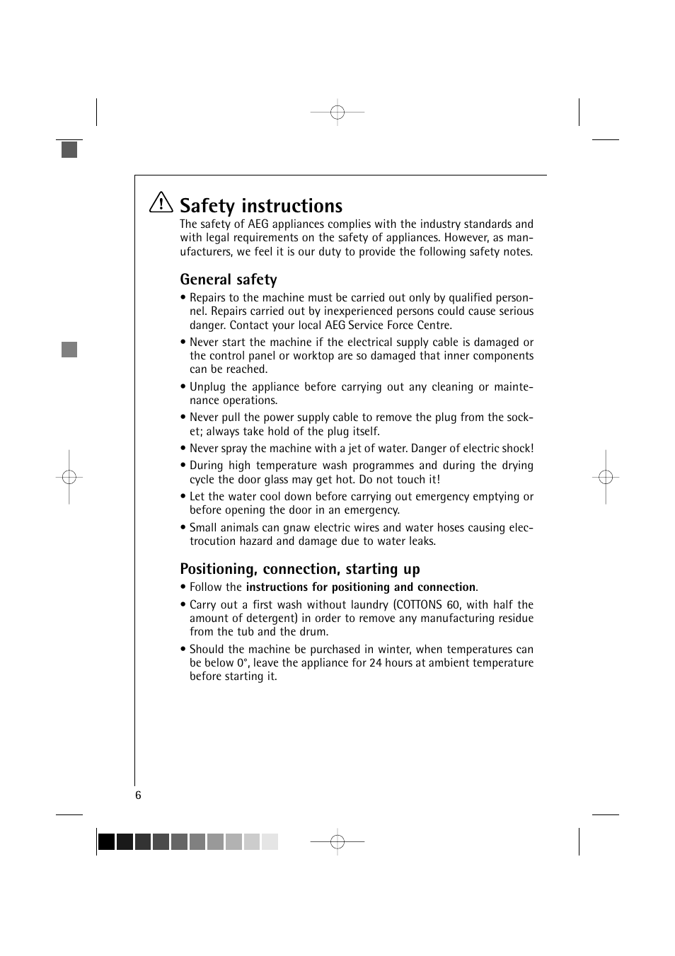 Safety instructions, General safety, Positioning, connection, starting up | AEG LAVAMAT 12710 User Manual | Page 6 / 49