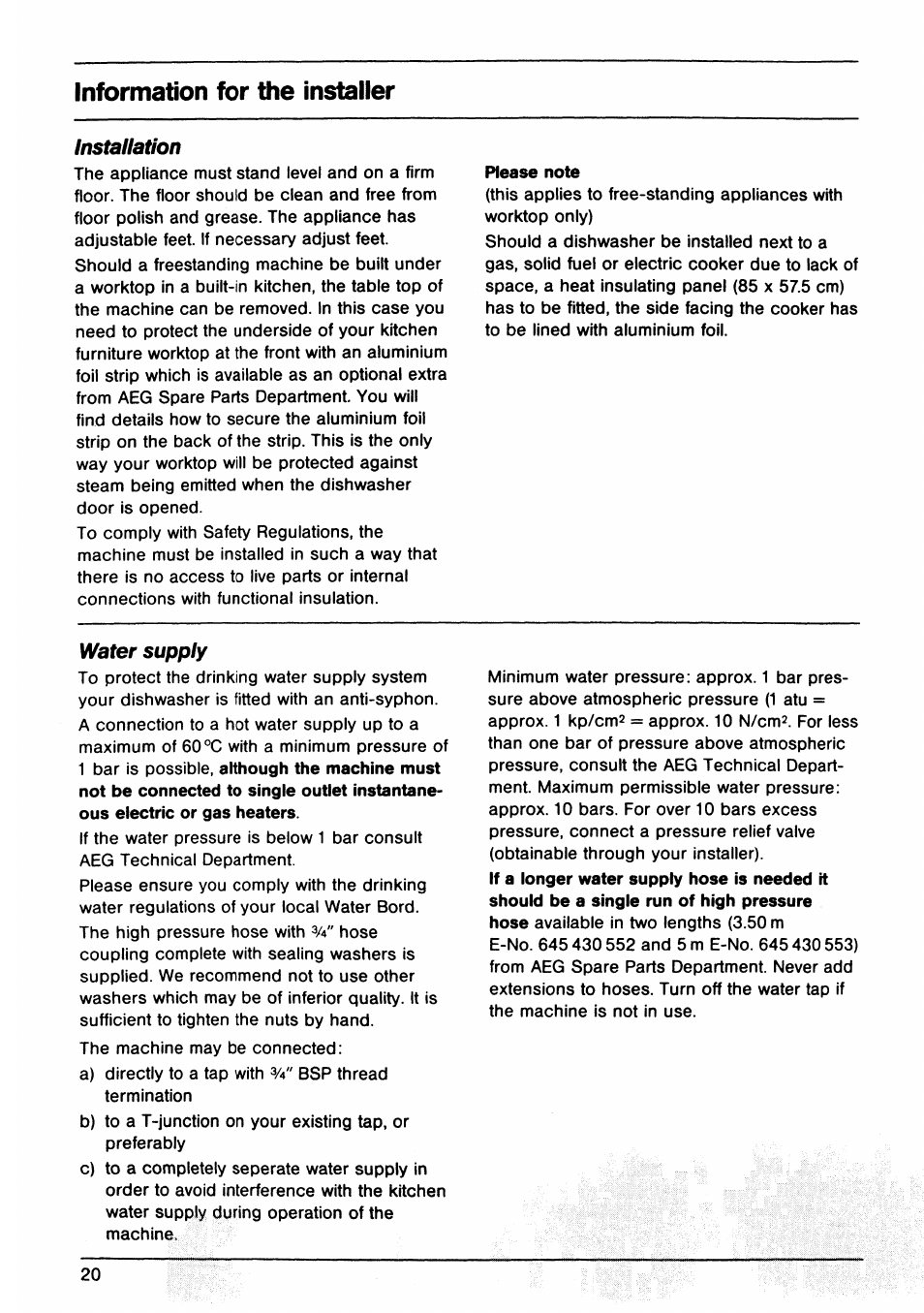Information for the installer, Installation, Water supply | AEG OKO Favorit 645 User Manual | Page 20 / 24