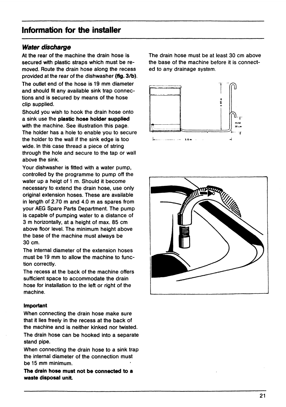 Information for the installer, Water discharge | AEG OKO Favorit 645 User Manual | Page 21 / 24