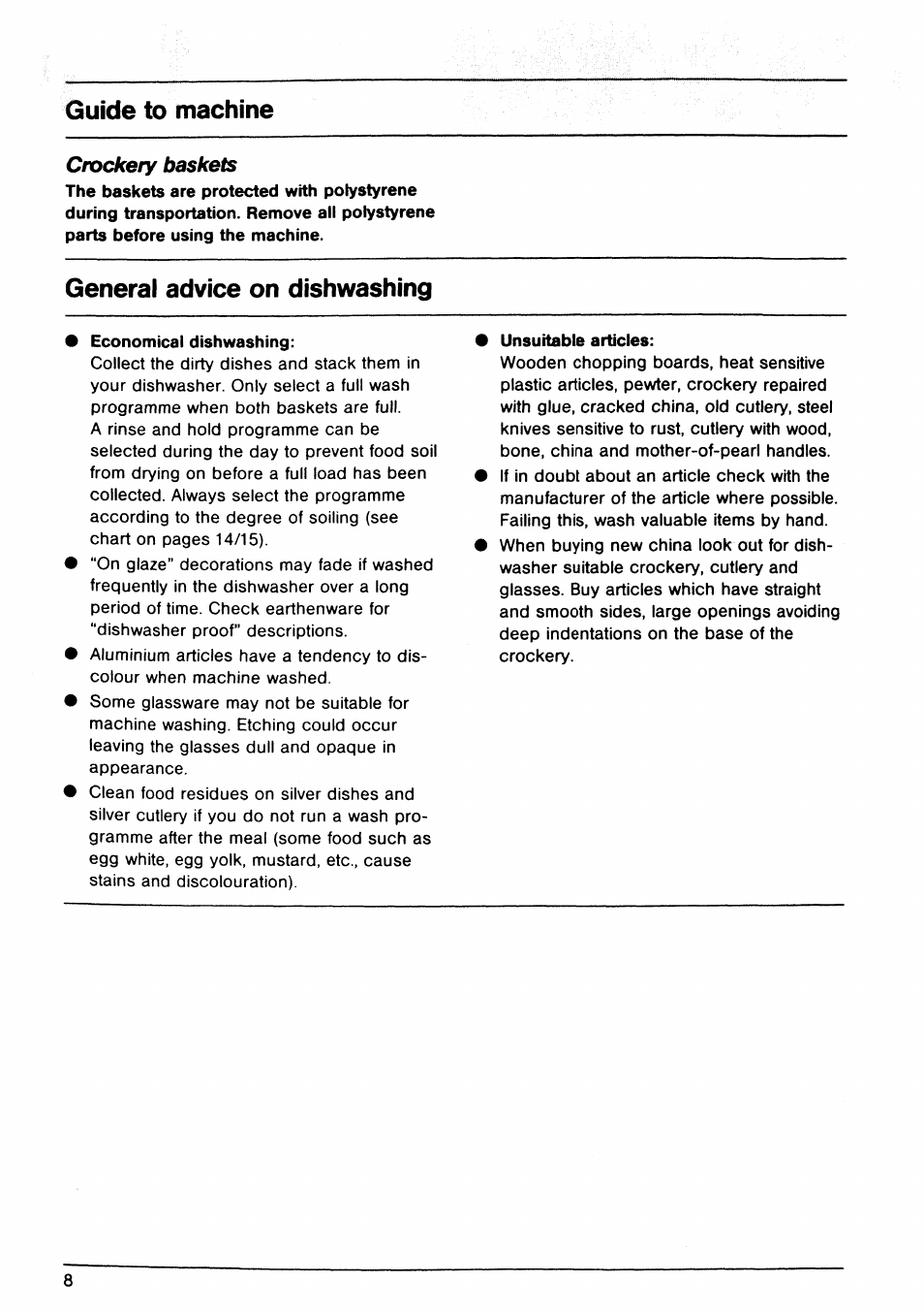 Guide to machine, General advice on dishwashing, Crockery baskets | AEG OKO Favorit 645 User Manual | Page 8 / 24