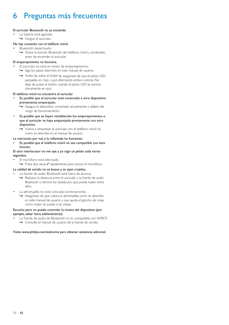 6 preguntas más frecuentes | Philips Auriculares estéreo Bluetooth User Manual | Page 11 / 13