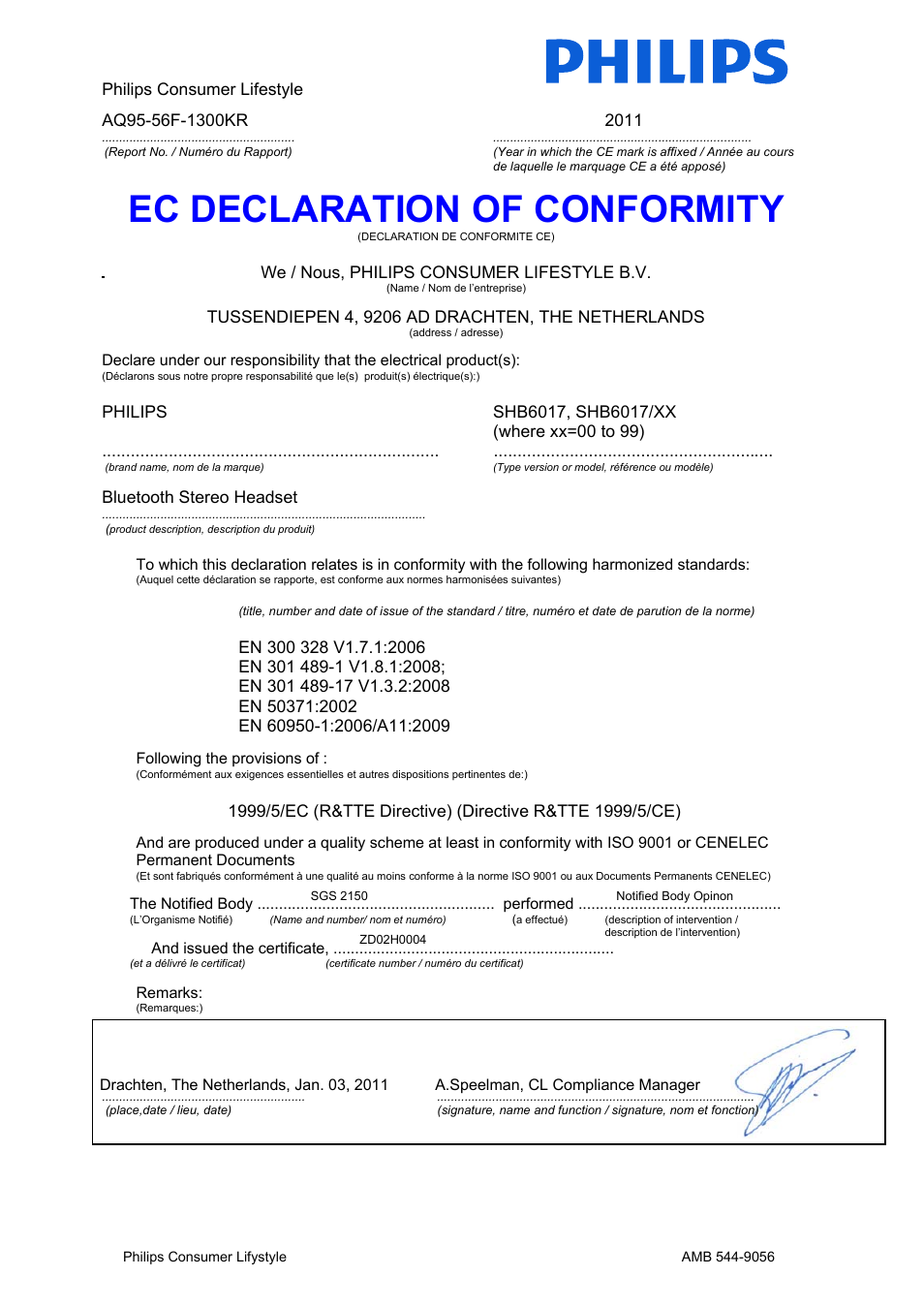 Ec declaration of conformity | Philips Auriculares estéreo Bluetooth User Manual | Page 12 / 13