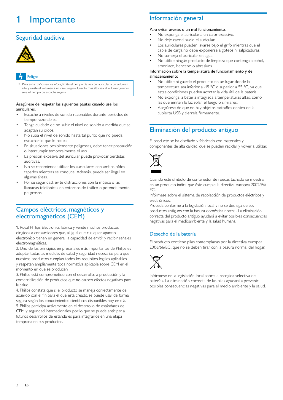 Seguridad auditiva, Información general, Eliminación del producto antiguo | Desecho de la batería, 1 importante | Philips Auriculares estéreo Bluetooth User Manual | Page 3 / 13