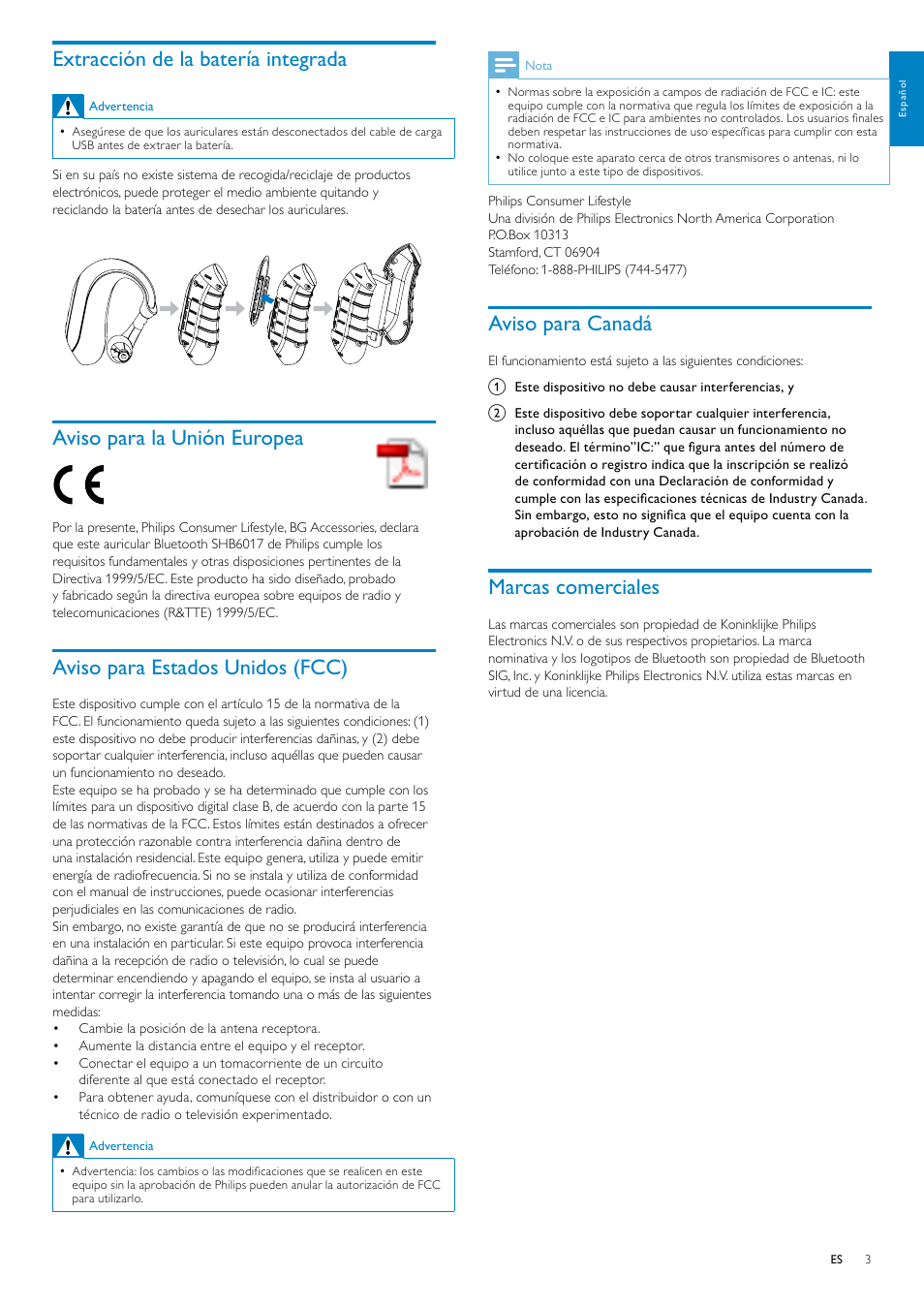 Extracción de la batería integrada, Aviso para la unión europea, Marcas comerciales | Aviso para canadá, Aviso para estados unidos (fcc) | Philips Auriculares estéreo Bluetooth User Manual | Page 4 / 13