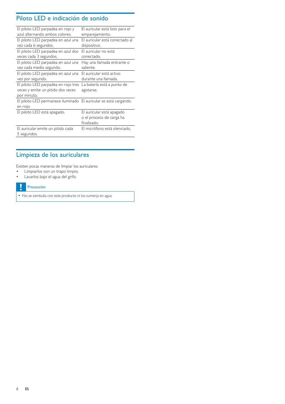 Piloto led e indicación de sonido, Limpieza de los auriculares | Philips Auriculares estéreo Bluetooth User Manual | Page 9 / 13