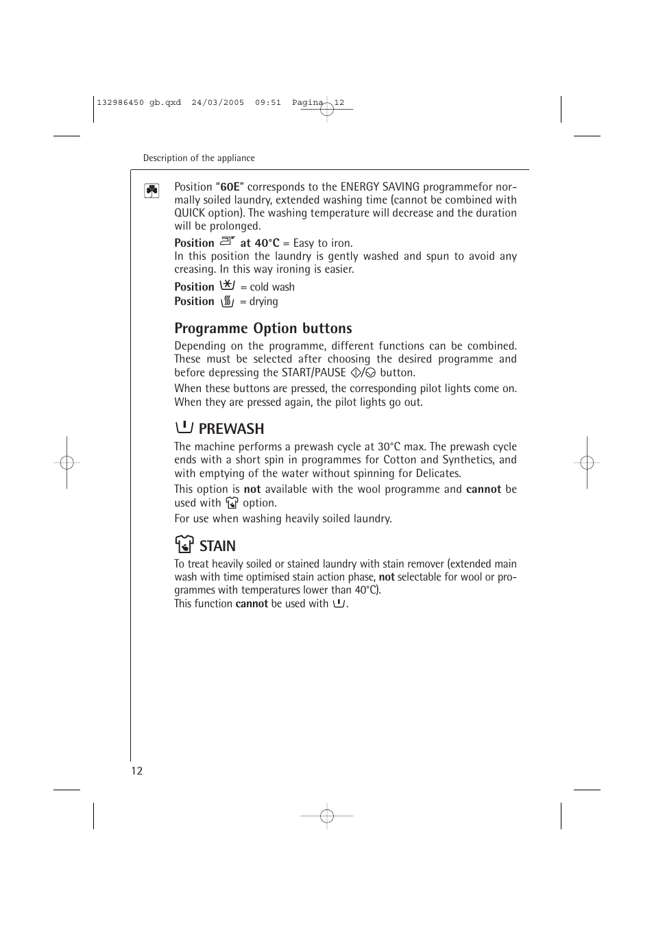 Programme option buttons, Prewash, Stain | AEG LAVAMAT TURBO 14820 User Manual | Page 12 / 50