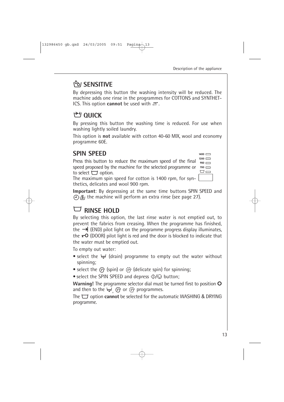 Sensitive, Quick, Spin speed | Rinse hold | AEG LAVAMAT TURBO 14820 User Manual | Page 13 / 50