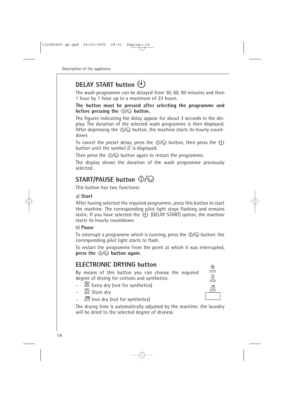 Delay start button, Start/pause button, Electronic drying button | AEG LAVAMAT TURBO 14820 User Manual | Page 14 / 50