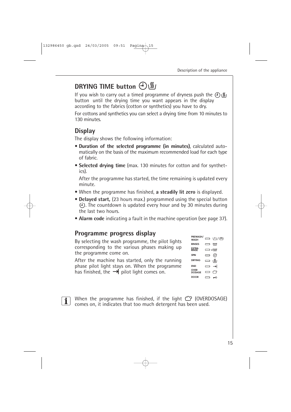 Drying time button, Display, Programme progress display | AEG LAVAMAT TURBO 14820 User Manual | Page 15 / 50