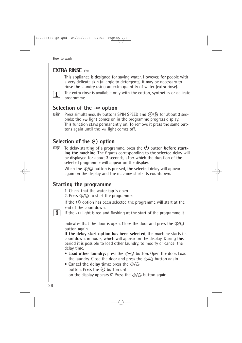 Extra rinse, Selection of the option, Starting the programme | AEG LAVAMAT TURBO 14820 User Manual | Page 26 / 50