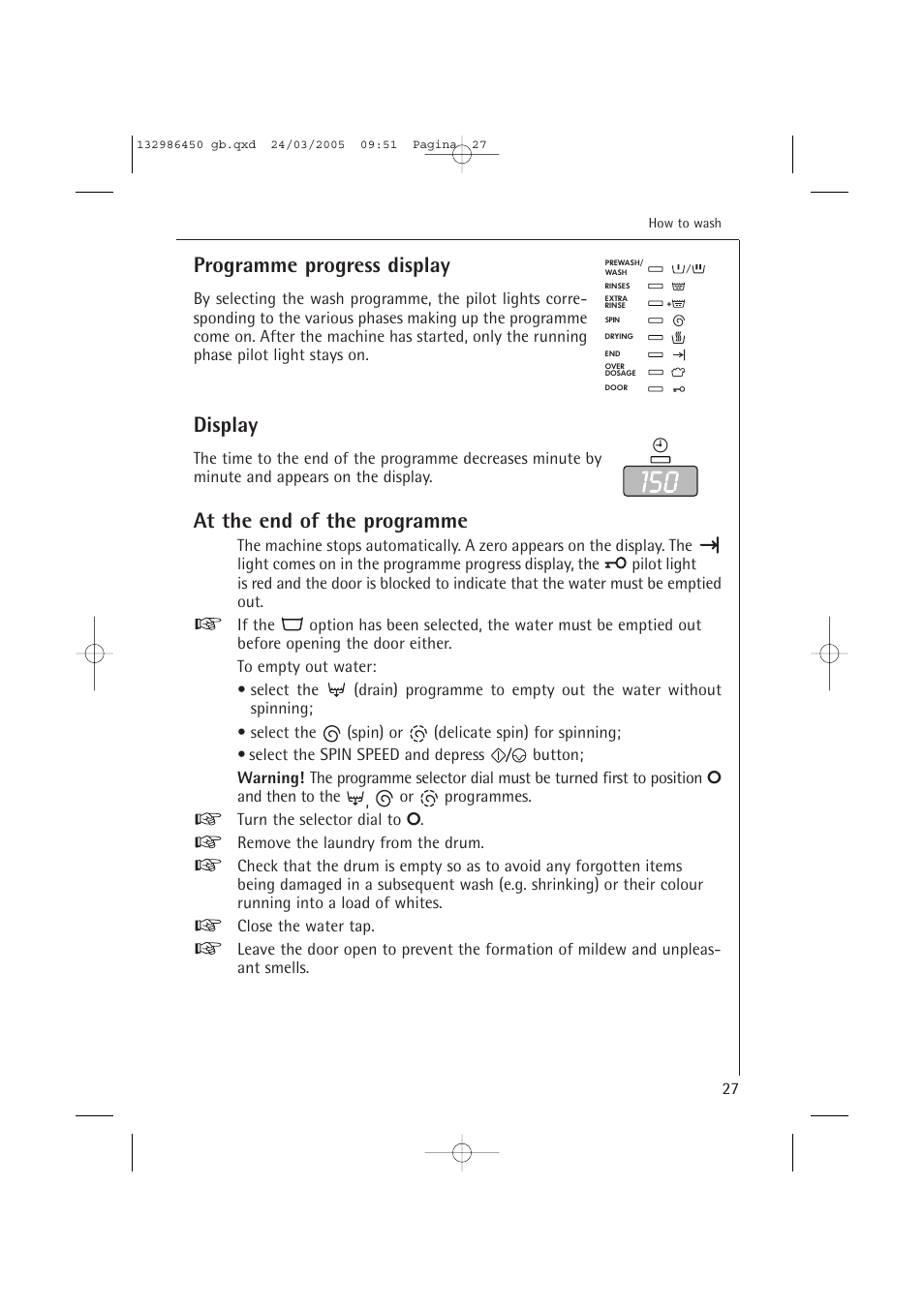 Programme progress display, Display, At the end of the programme | AEG LAVAMAT TURBO 14820 User Manual | Page 27 / 50