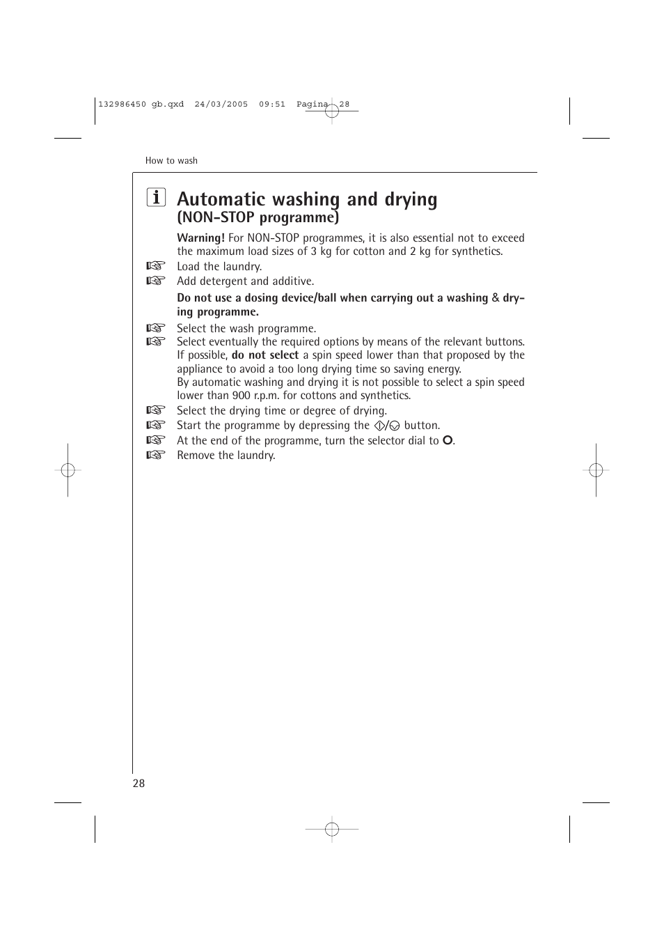 Automatic washing and drying, Non-stop programme) | AEG LAVAMAT TURBO 14820 User Manual | Page 28 / 50