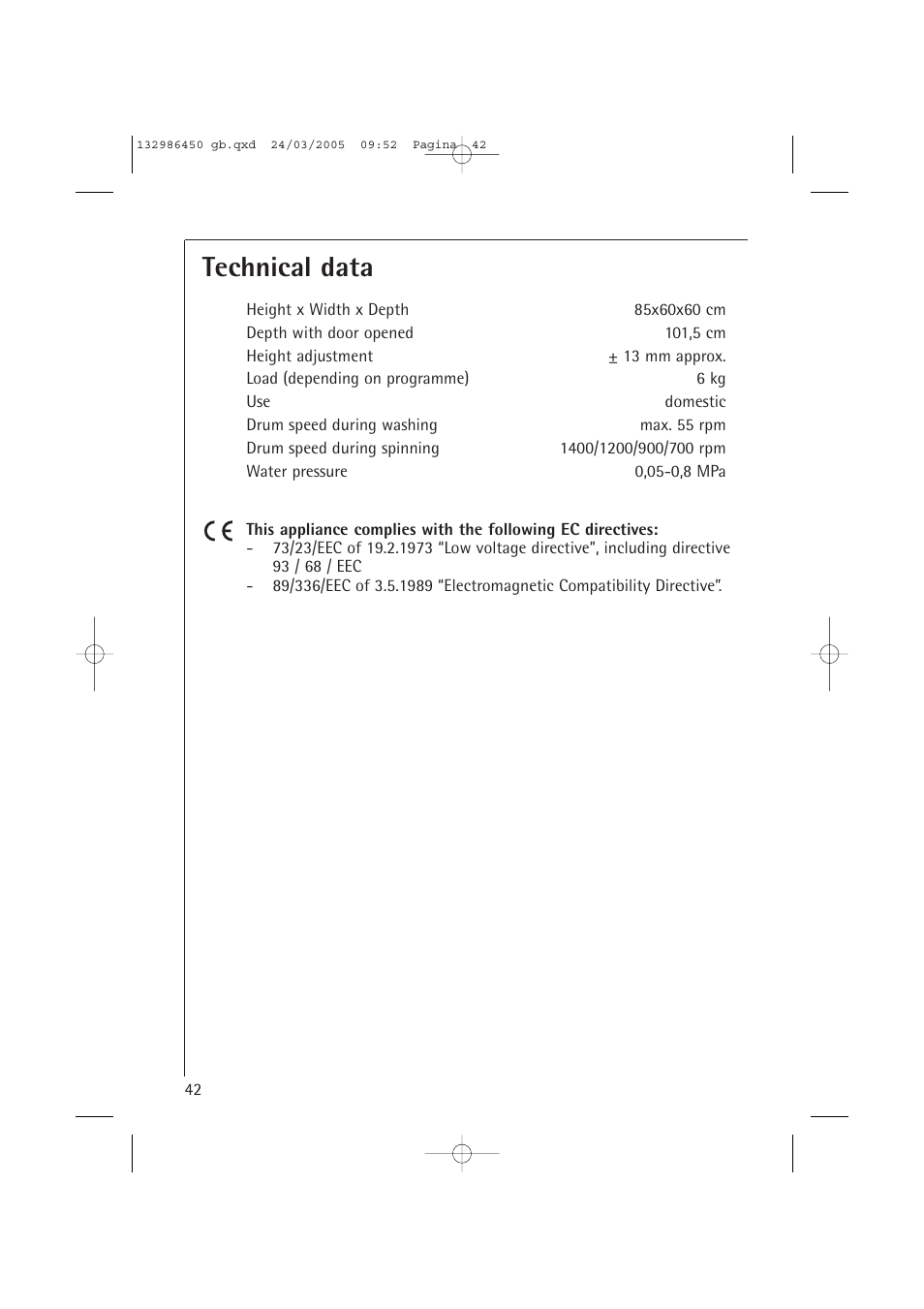 Technical data | AEG LAVAMAT TURBO 14820 User Manual | Page 42 / 50