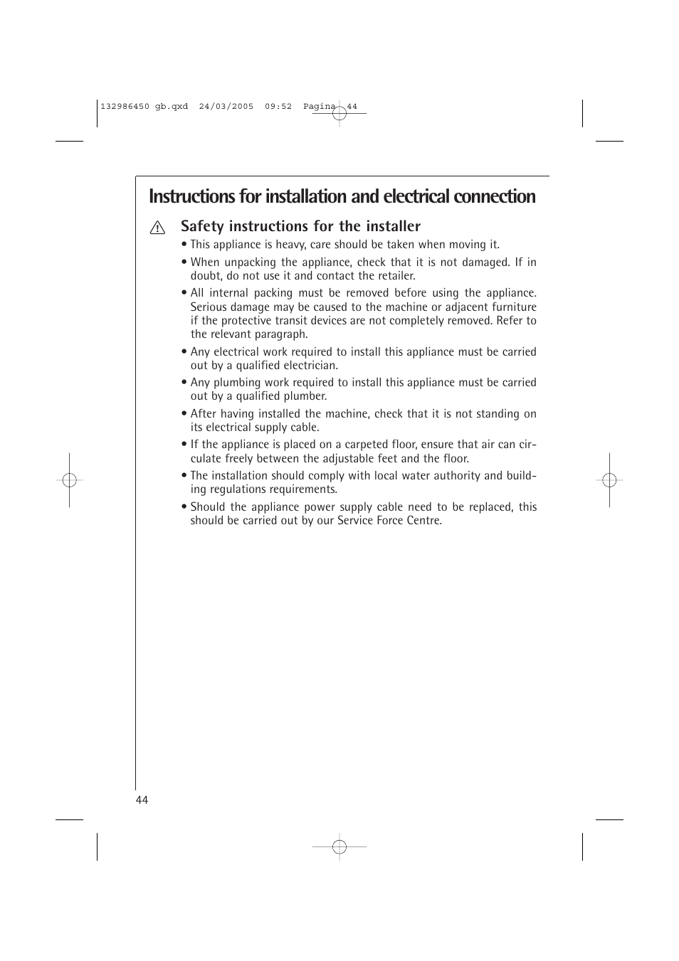 Safety instructions for the installer | AEG LAVAMAT TURBO 14820 User Manual | Page 44 / 50