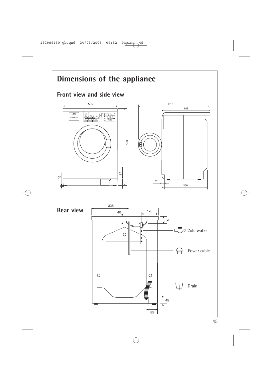 Dimensions of the appliance, Front view and side view rear view | AEG LAVAMAT TURBO 14820 User Manual | Page 45 / 50