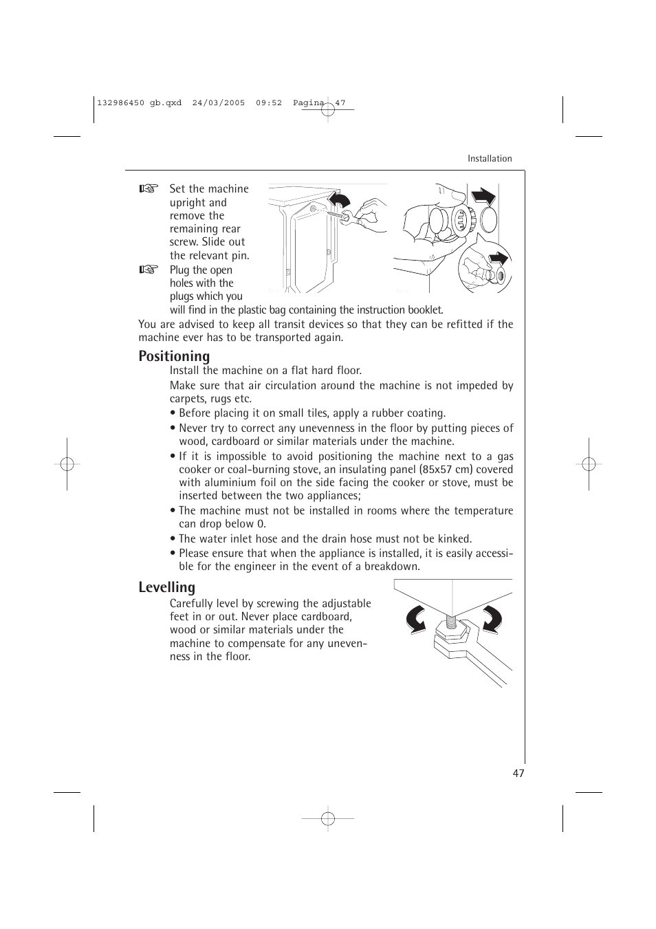 Positioning, Levelling | AEG LAVAMAT TURBO 14820 User Manual | Page 47 / 50