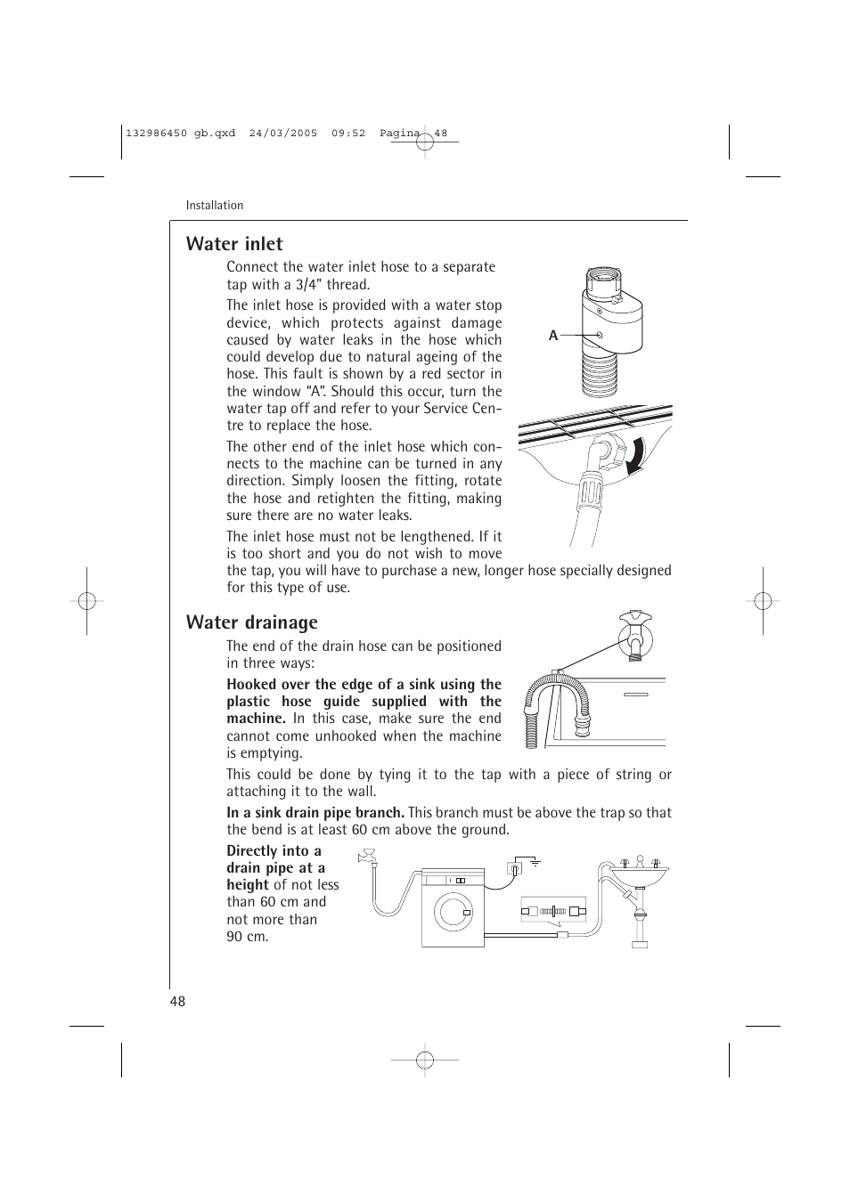Water inlet, Water drainage | AEG LAVAMAT TURBO 14820 User Manual | Page 48 / 50