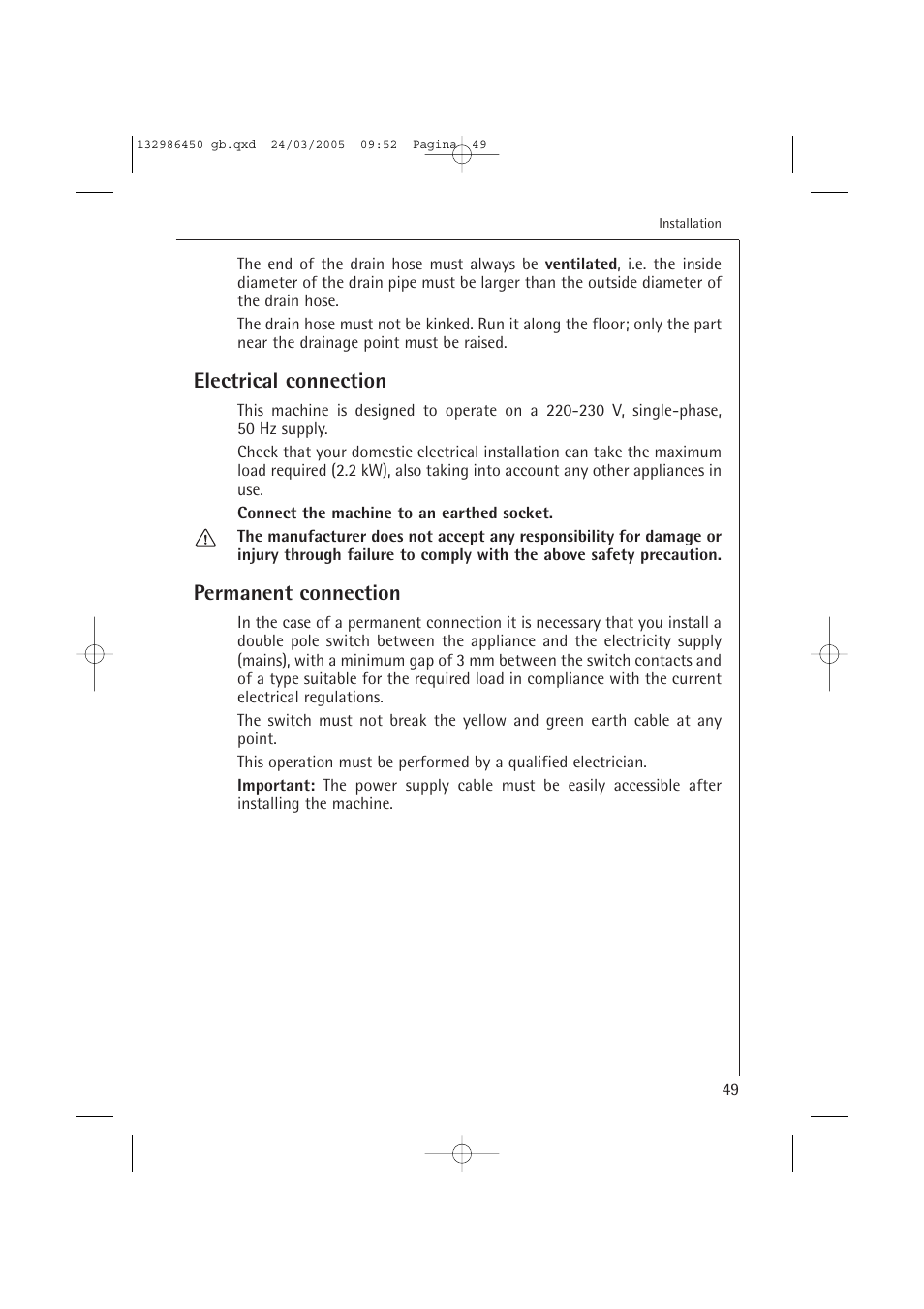 Electrical connection, Permanent connection | AEG LAVAMAT TURBO 14820 User Manual | Page 49 / 50