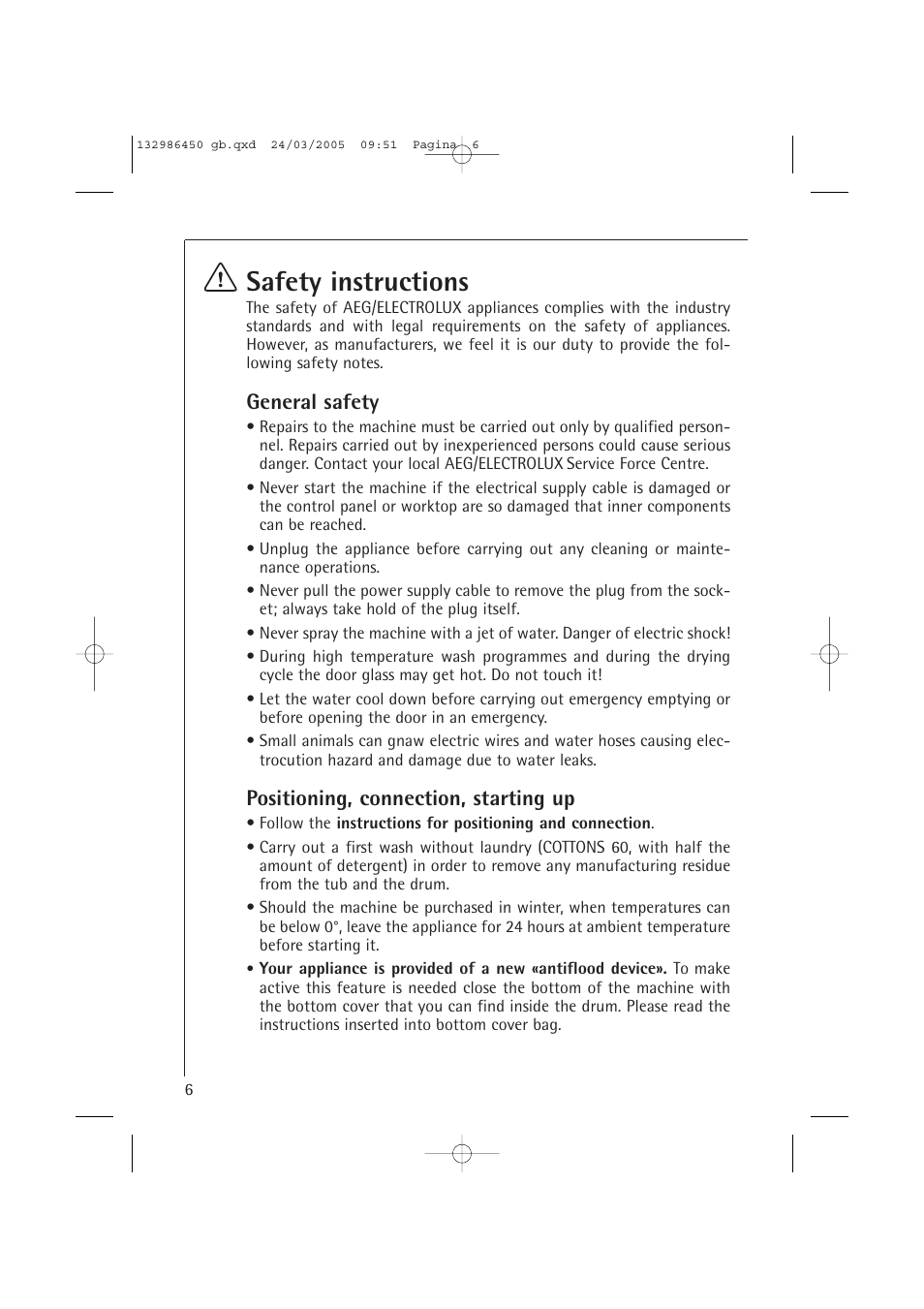 Safety instructions, General safety, Positioning, connection, starting up | AEG LAVAMAT TURBO 14820 User Manual | Page 6 / 50