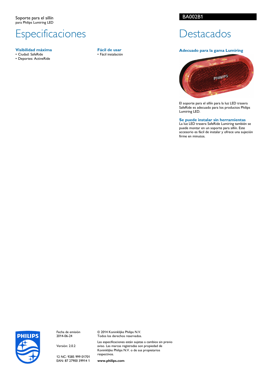 Especificaciones, Destacados, Ba002b1 | Philips LED Bike lights Soporte para el sillín User Manual | Page 2 / 2