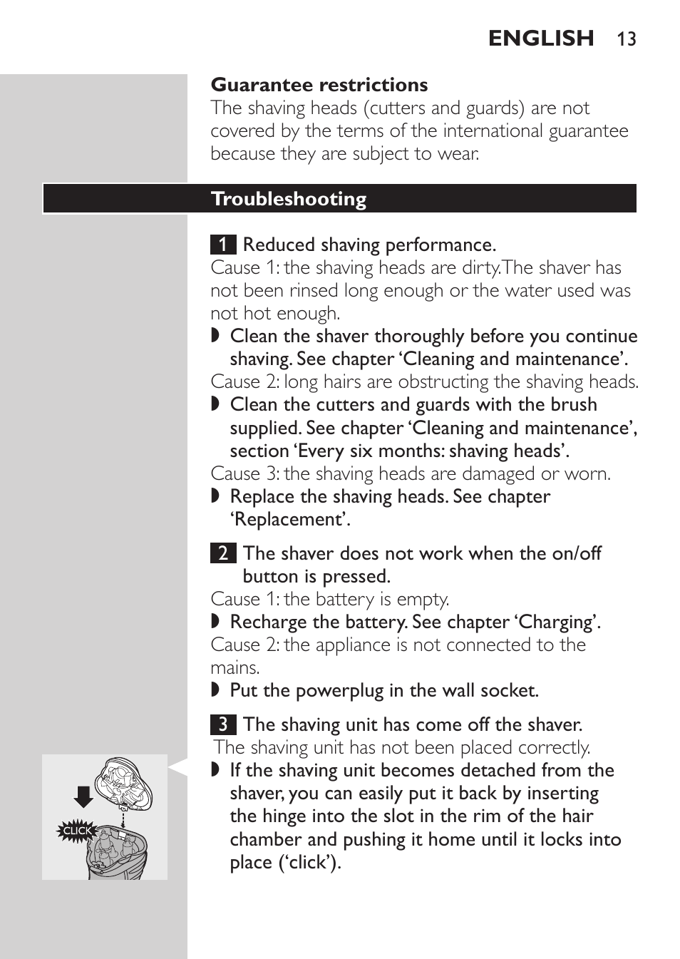 Guarantee restrictions, Troubleshooting | Philips Afeitadora eléctrica User Manual | Page 11 / 88