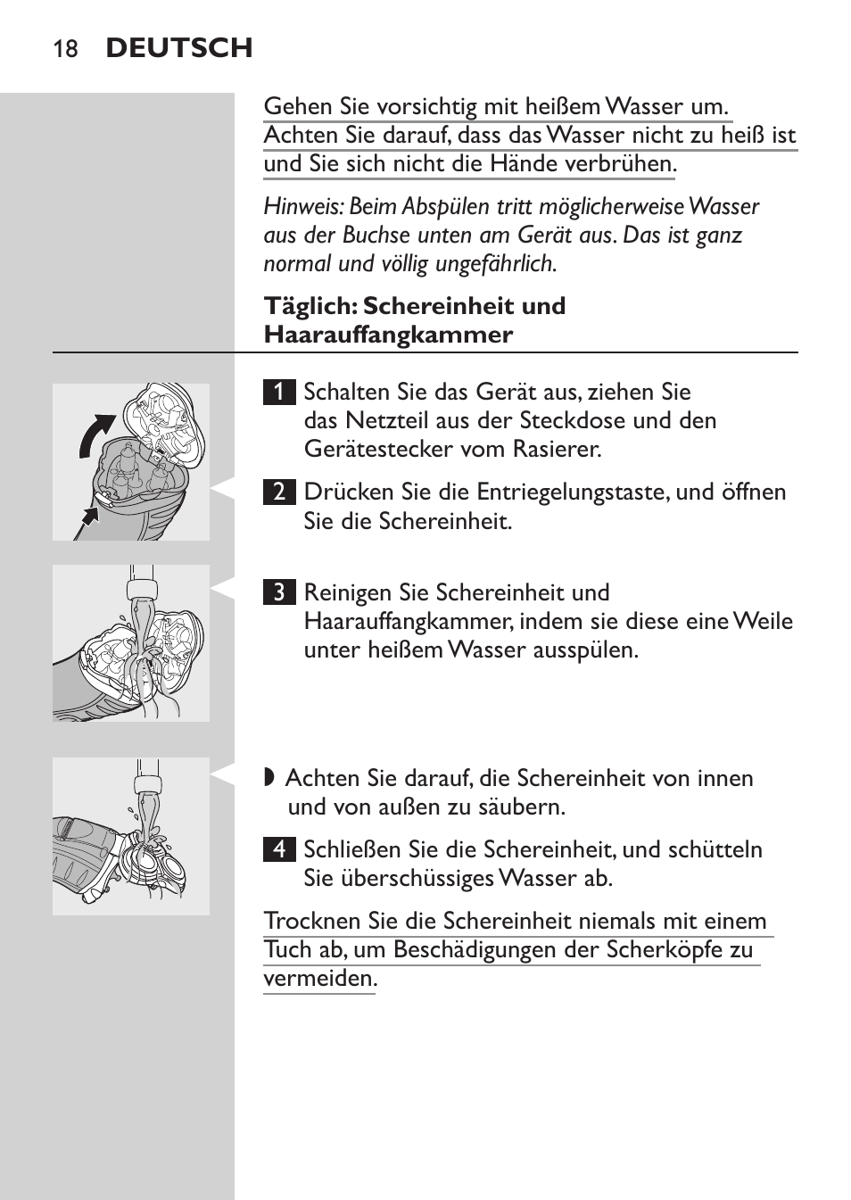 Täglich: schereinheit und haarauffangkammer | Philips Afeitadora eléctrica User Manual | Page 16 / 88