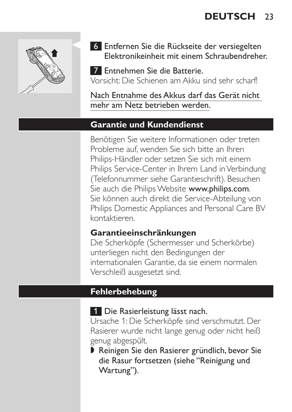 Garantieeinschränkungen, Garantie und kundendienst, Fehlerbehebung | Philips Afeitadora eléctrica User Manual | Page 21 / 88