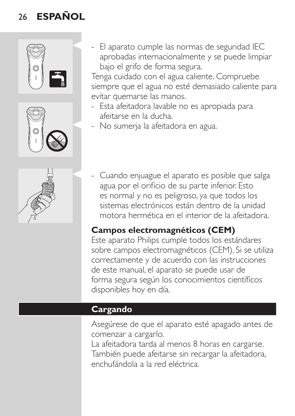 Campos electromagnéticos (cem), Cargando | Philips Afeitadora eléctrica User Manual | Page 24 / 88