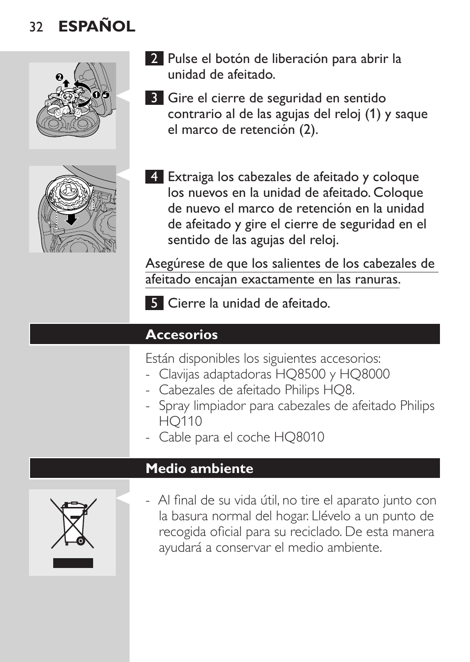 Accesorios, Medio ambiente | Philips Afeitadora eléctrica User Manual | Page 30 / 88