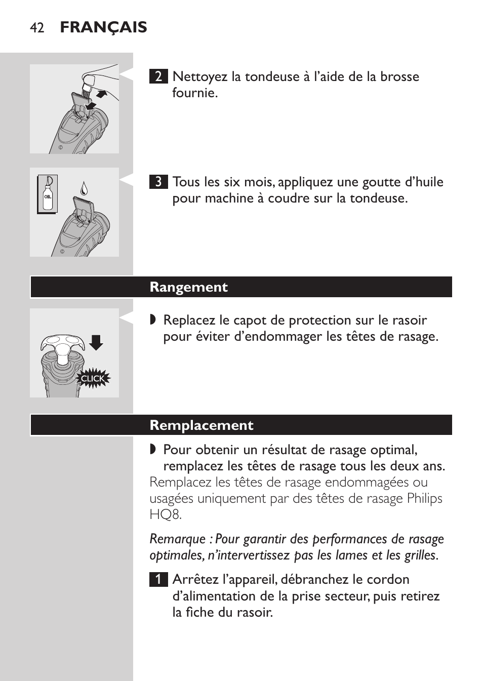 Rangement, Remplacement | Philips Afeitadora eléctrica User Manual | Page 40 / 88