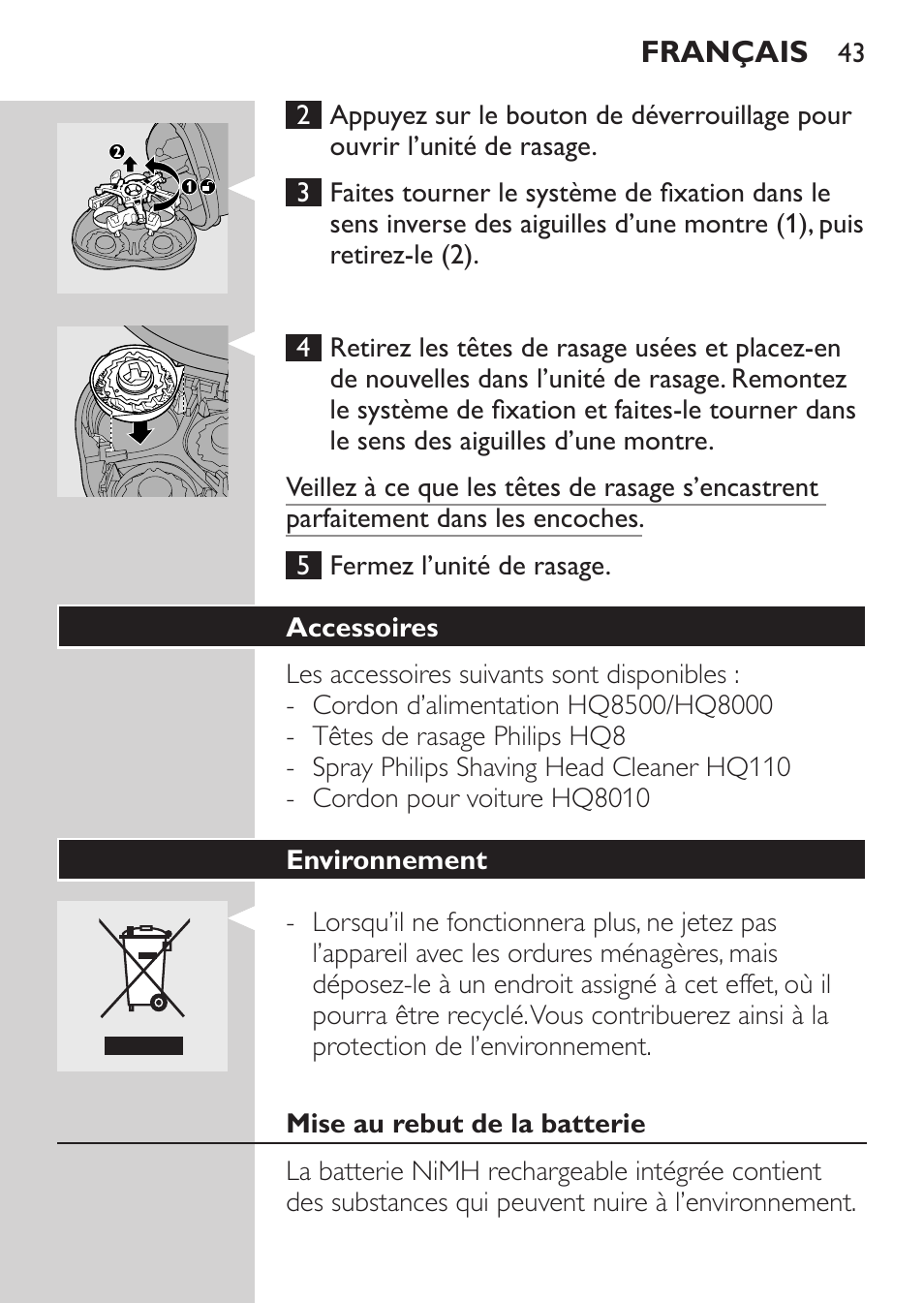 Accessoires, Environnement, Mise au rebut de la batterie | Philips Afeitadora eléctrica User Manual | Page 41 / 88