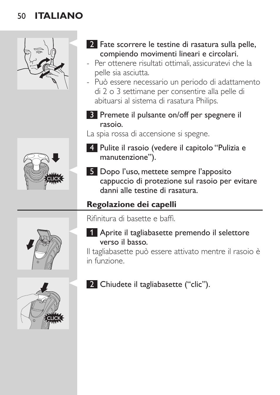 Regolazione dei capelli, Pulizia e manutenzione | Philips Afeitadora eléctrica User Manual | Page 48 / 88