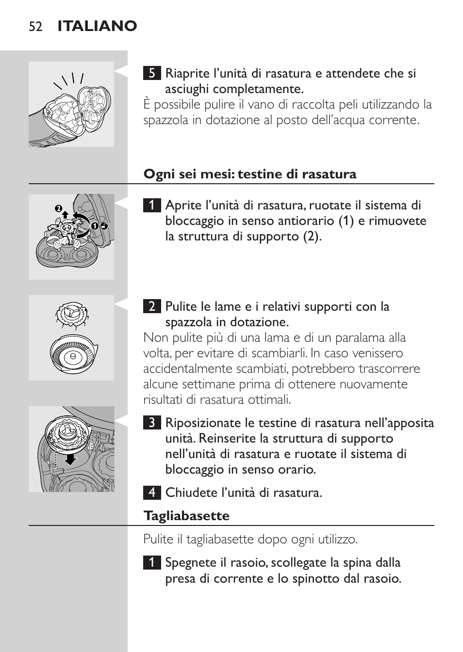 Ogni sei mesi: testine di rasatura, Tagliabasette | Philips Afeitadora eléctrica User Manual | Page 50 / 88