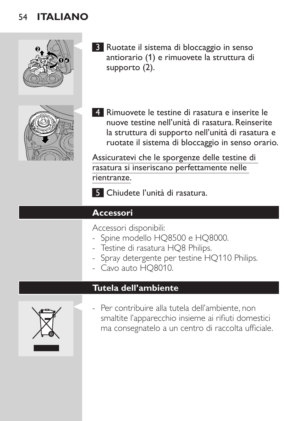 Accessori, Tutela dell’ambiente | Philips Afeitadora eléctrica User Manual | Page 52 / 88