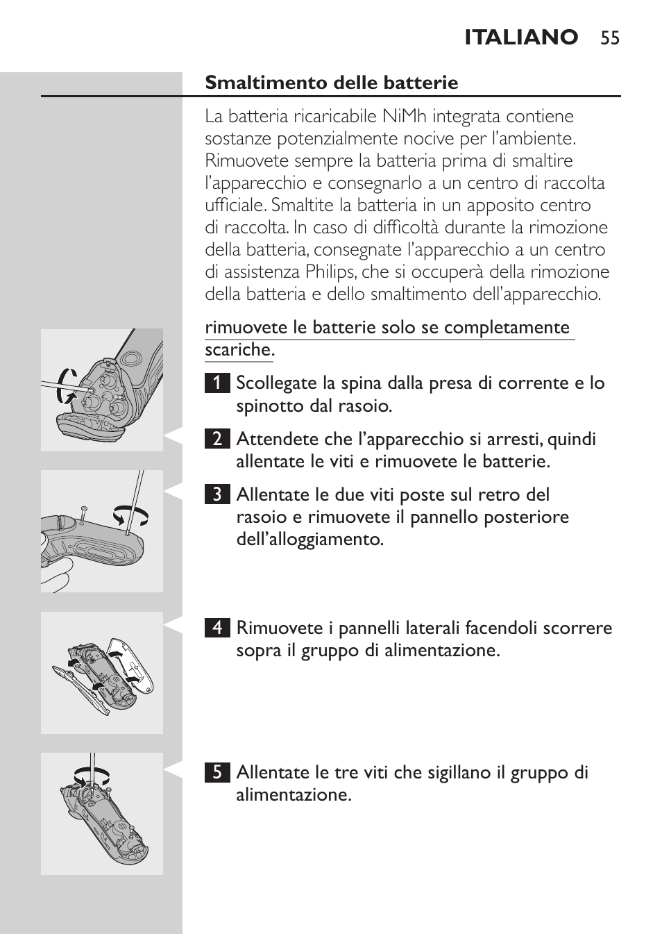 Smaltimento delle batterie | Philips Afeitadora eléctrica User Manual | Page 53 / 88