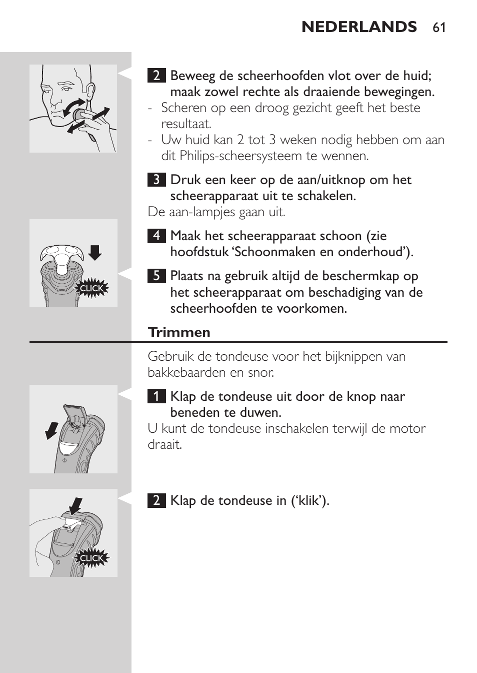 Trimmen, Schoonmaken en onderhoud | Philips Afeitadora eléctrica User Manual | Page 59 / 88