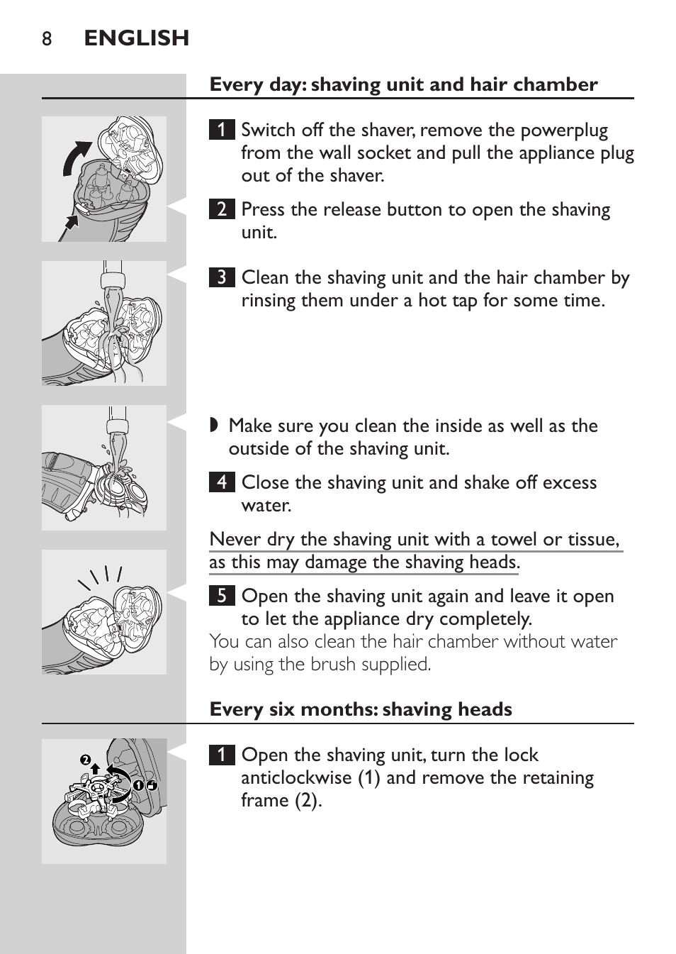 Every day: shaving unit and hair chamber, Every six months: shaving heads | Philips Afeitadora eléctrica User Manual | Page 6 / 88