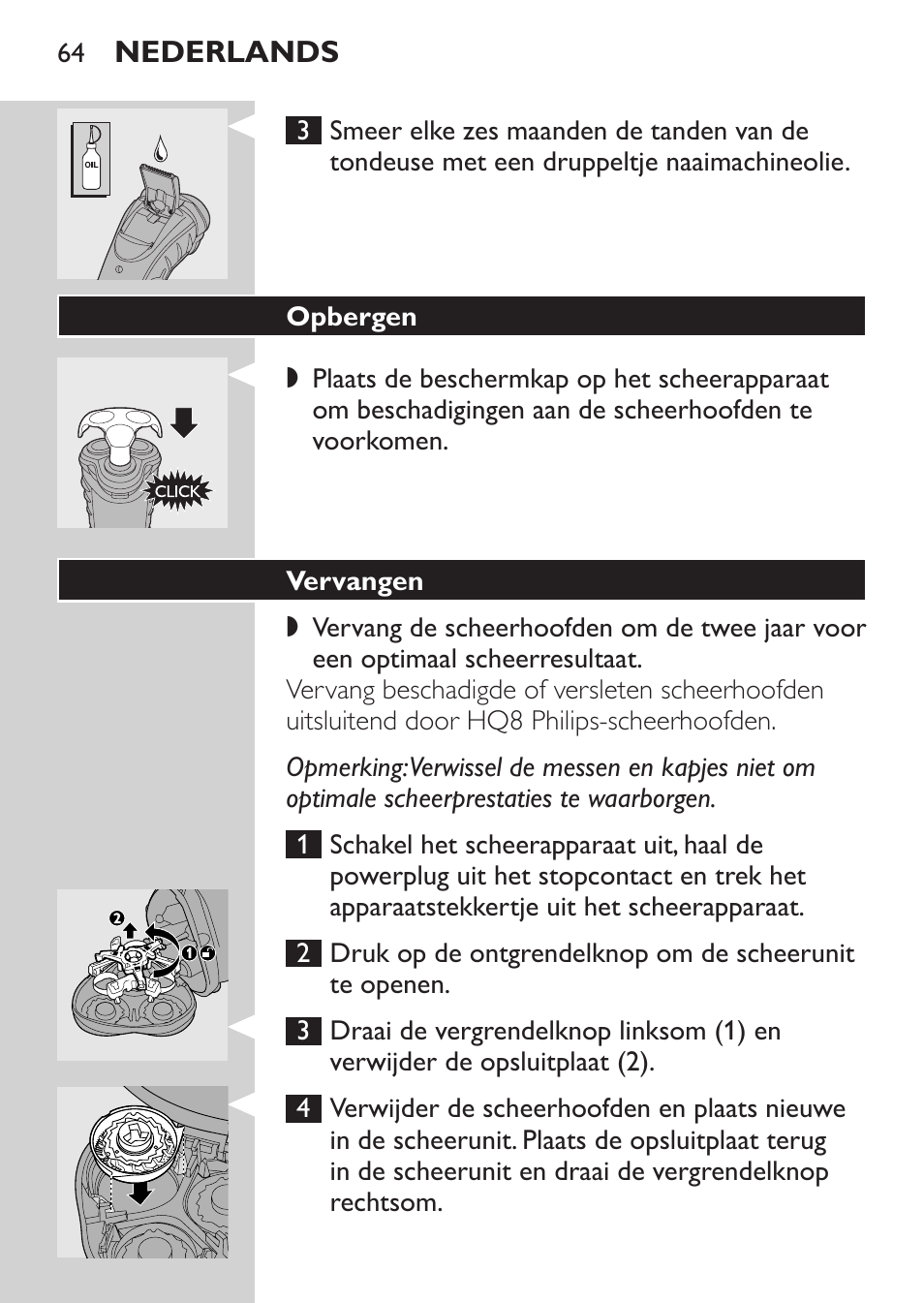 Opbergen, Vervangen | Philips Afeitadora eléctrica User Manual | Page 62 / 88